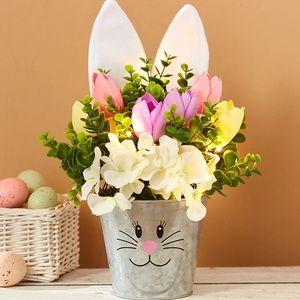 🐣 Decorative Easter Bunny Rabbit Pail w Flowers Led Lights New